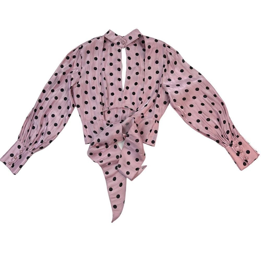 Pre-Loved Deco Lux Open Back Blouse Long Sleeve Crop Top Purple Black Dots US S - Picture 5 of 14